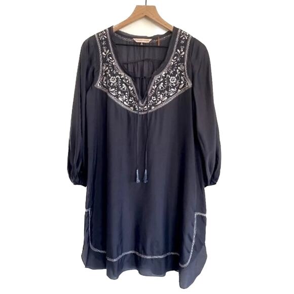 Rebecca Taylor Navy Silver Embroidered Silk Boho Mini Dress Size 4 - Picture 1 of 9